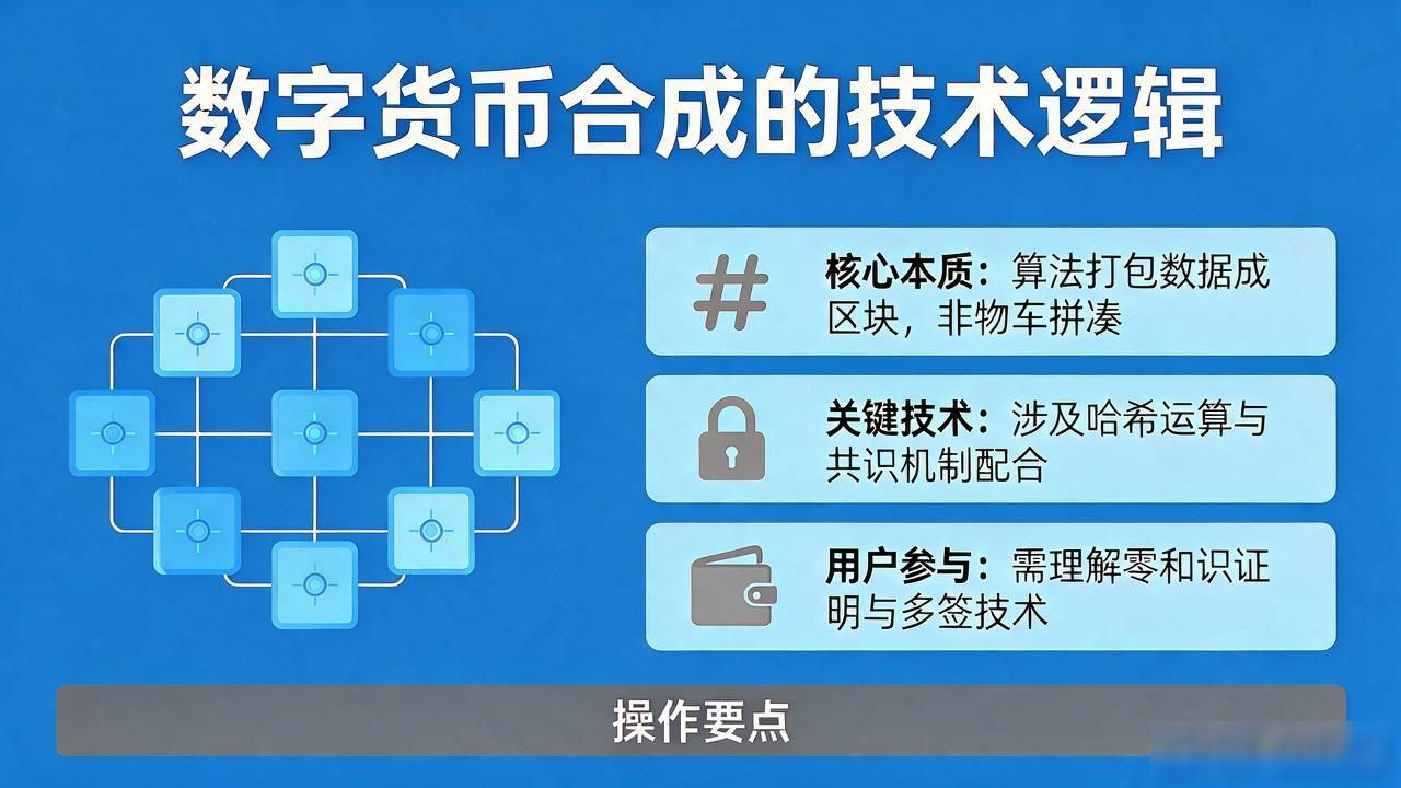 数字货币合成并非物理拼凑，而是通过算法将分散数据打包成区块。普通用户常误解“合成”为像拼图一样组装代币，实则这是区块链记账的特殊过程，涉及哈希运算与共识机制的严密配合，绝非简单的图形组合。